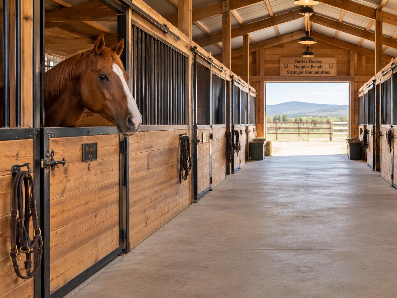 Clean wooden horse stalls in a bright stable